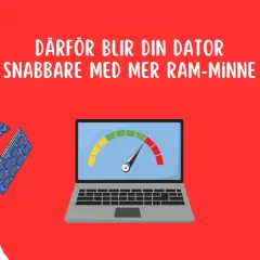 Datorn blir snabbare med mer RAM-minne. Bilden visar RAM-moduler och en laptop med en hastighetsmätare.