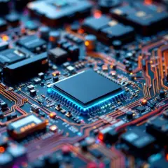 Detaljerad bild av ett kretskort med en lysande blå processor i mitten. Koppartrådar slingrar sig över det mörka kortet, vilket ger en känsla av avancerad teknik och tpm 2.0-säkerhet.