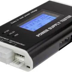 En svart och vit strömförsörjningstestare med en blå digital display som visar spänningsvärden. Perfekt för att snabbt utföra ett psu test.