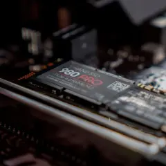En Samsung 980 PRO SSD med PCIe 4.0-gränssnitt sitter monterad på ett moderkort, redo för snabb dataöverföring.