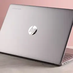 En stängd silverfärgad HP Chromebook Plus med en grön växt i bakgrunden. Kanske en av chromebook nackdelar är att den inte är lika mångsidig som andra datorer.