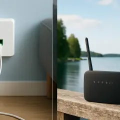 Välj mellan fiber eller mobilt bredband. En vit dosa med kabel på väggen och en svart router vid en sjö.