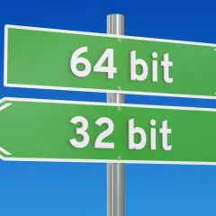 En vägskylt med två gröna pilar. En pil pekar åt höger med texten "64 bit" och den andra åt vänster med texten "32 bit".