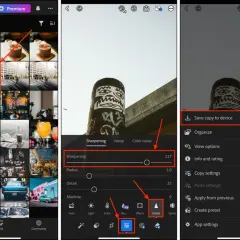 App-skärmar visar hur man justerar skärpa och detaljer i bilder, med alternativ för att **blurra bilder iPhone**.