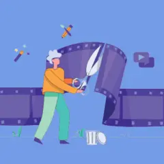 En person klipper i en filmremsa med sax. Symboler för magi och kreativitet antyder gratis videoredigering.