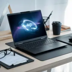 En HP Pavilion 15 laptop med en neonlogotyp på skärmen, bredvid glasögon, en mobiltelefon och en kaffekopp på ett skrivbord.