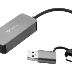 Sandberg nätverksadapter med USB-A och USB-C kontakter. Denna adapter visar vad betyder USB och hur det kan användas för att ansluta till nätverk.