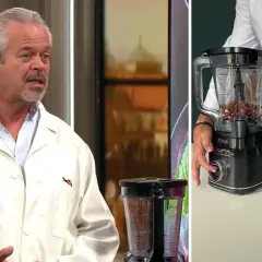Man i labbrock utför en blender test med nötter i två olika mixers.