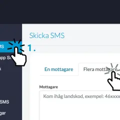 Här visas hur man skickar sms till flera samtidigt. Klicka på "Flera mottagare" för att lägga till fler mottagare.