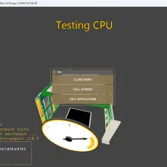 Programmet UserBenchmark kör tester för att testa datorns prestanda. En meny visar alternativ som "Close Menu" och "Full Screen".