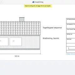 En fasadritning av ett hus med tegelfärgade takpannor och faluröd brädfodring, skapad i ett ritprogram online.