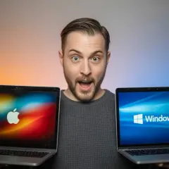 Man håller upp en MacBook med Apple-logga och en laptop med Windows 11. Vilken ska du välja, pc eller mac?