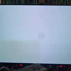 En ljusgrå skärm med en synlig grönaktig fläck till vänster, troligen ett tecken på burn-in på OLED-skärmen.