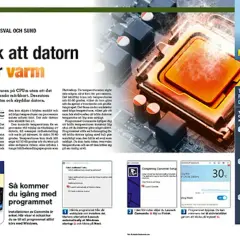 Datorns processor med en orange värmeledande platta. Texten "Undvik att datorn blir för varm" och "kolla temperatur dator" finns i bilden.