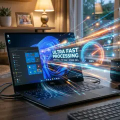 En Dell-laptop med Windows 11 visar "ULTRA FAST PROCESSING". Hårdvara och mjukvara samarbetar för maximal hastighet.
