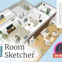 Skapa ditt drömhus med gratis ritprogram. Se en 3D-planlösning av ett modernt hem med uteplats.