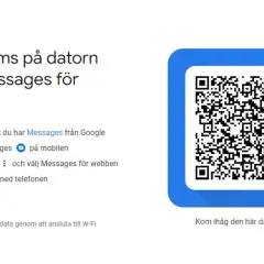 Instruktioner för att skicka sms från datorn med Messages för webben. En QR-kod visas för att koppla ihop enheten.