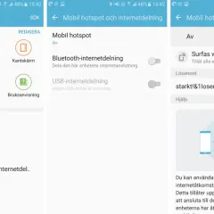 Inställningar för att dela internet via Samsung mobil hotspot.