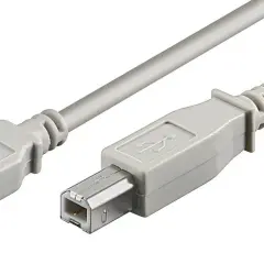 En grå USB-kabel med en USB A-port i ena änden och en USB B-port i den andra.