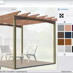 En 3D-modell av en pergola med två stolar och ett bord. Materialpaletten visar olika texturer, perfekt för att skapa ett bildspel gratis.
