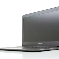 En stilren Asus Zenbook UX305 laptop i grått, med skärmen öppen och logotypen synlig.