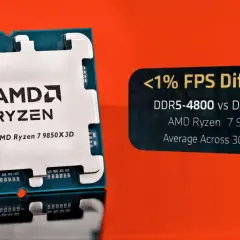 AMD Ryzen 7 9850X3D-processor, som visar en minimal FPS-skillnad på under 1% mellan DDR5-4800 och DDR5-6000 i över 30 spel.