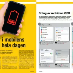 En hand håller en mobil med en batteriikon som visar låg laddning. Texten "Håll liv i mobilens batteri hela dagen" uppmanar till att ladda telefonen smart.