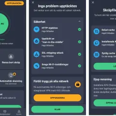 AVG antivirus för Android visar en säkerhetskontroll. Inga hot hittades, men appen föreslår att rensa skräpfiler.