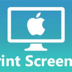 En vit datorskärm med ett Apple-logotyp på en blågrön bakgrund. Texten "Print Screen Mac" syns nedtill.