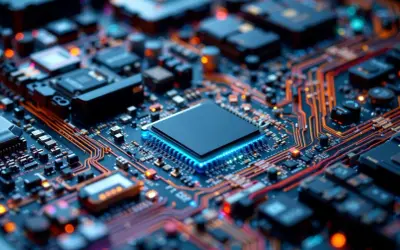 Detaljerad bild av ett kretskort med en lysande blå processor i mitten. Koppartrådar slingrar sig över det mörka kortet, vilket ger en känsla av avancerad teknik och tpm 2.0-säkerhet.