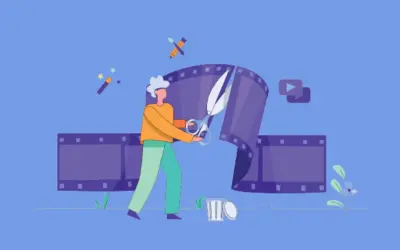 En person klipper i en filmremsa med sax. Symboler för magi och kreativitet antyder gratis videoredigering.