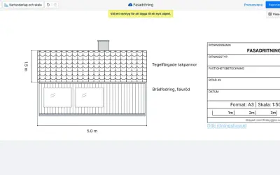 En fasadritning av ett hus med tegelfärgade takpannor och faluröd brädfodring, skapad i ett ritprogram online.