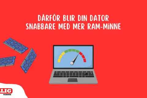 Datorn blir snabbare med mer RAM-minne. Bilden visar RAM-moduler och en laptop med en hastighetsmätare.