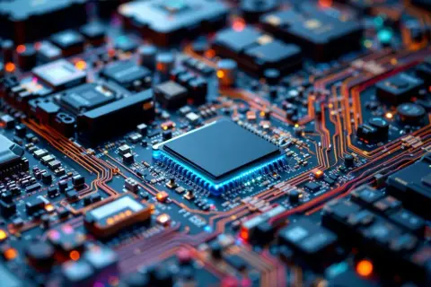 Detaljerad bild av ett kretskort med en lysande blå processor i mitten. Koppartrådar slingrar sig över det mörka kortet, vilket ger en känsla av avancerad teknik och tpm 2.0-säkerhet.