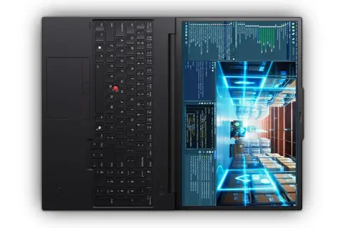 Svart laptop med tangentbord och skärm som visar kod och ett lager med lådor. En funktion för hot swap kan vara användbar för snabba byten.