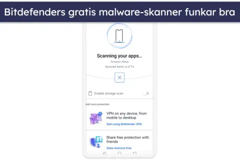 Bitdefender skannar appar på din Android. Ett gratis antivirusprogram som skyddar din enhet.