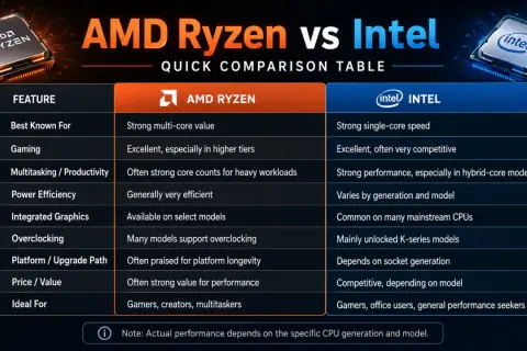 Jämförelsetabell för Ryzen eller Intel: AMD Ryzen har starka flerkärniga värden, Intel utmärker sig med enkelkärnig hastighet.