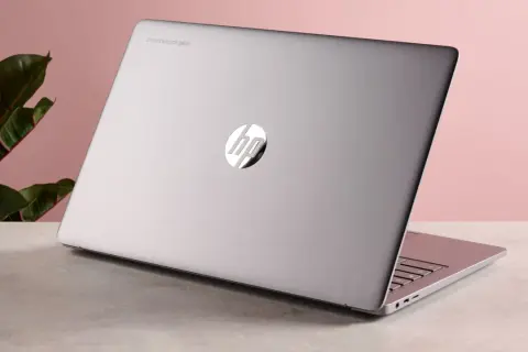 En stängd silverfärgad HP Chromebook Plus med en grön växt i bakgrunden. Kanske en av chromebook nackdelar är att den inte är lika mångsidig som andra datorer.