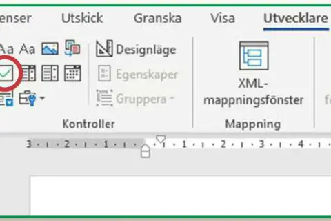 En bock i en cirkel, en del av en checklista i Word, under fliken "Utvecklare".