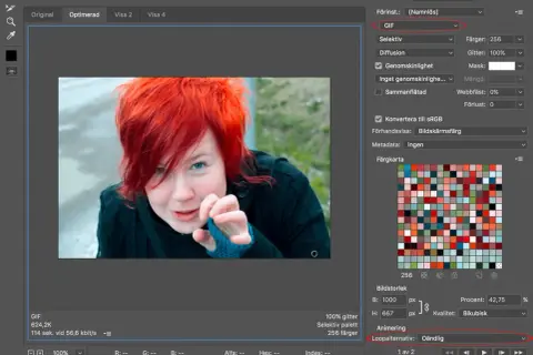En kvinna med knallrött hår tittar in i kameran. Inställningar för att skapa GIF visas, med alternativ för färg och animering.