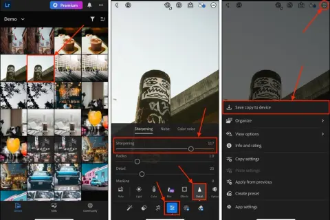 App-skärmar visar hur man justerar skärpa och detaljer i bilder, med alternativ för att **blurra bilder iPhone**.