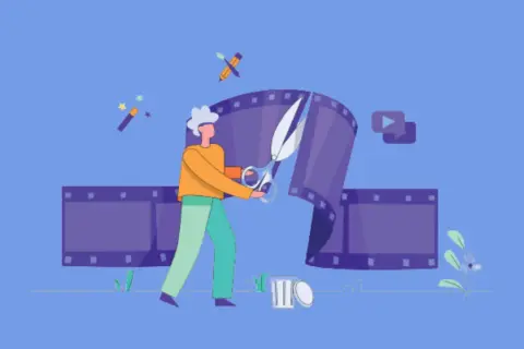 En person klipper i en filmremsa med sax. Symboler för magi och kreativitet antyder gratis videoredigering.