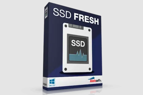 SSD FRESH-programvara för att defragmentera SSD. En stiliserad SSD-enhet visas på förpackningen.