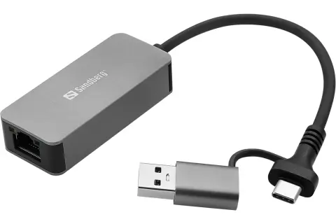 Sandberg nätverksadapter med USB-A och USB-C kontakter. Denna adapter visar vad betyder USB och hur det kan användas för att ansluta till nätverk.