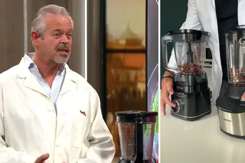 Man i labbrock utför en blender test med nötter i två olika mixers.