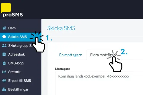 Här visas hur man skickar sms till flera samtidigt. Klicka på "Flera mottagare" för att lägga till fler mottagare.