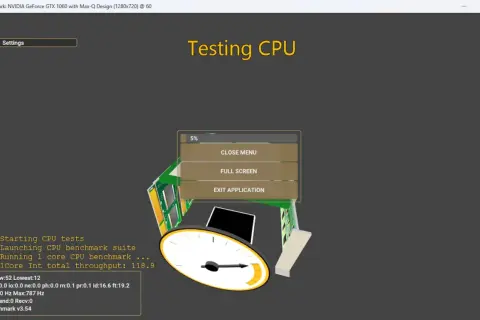 Programmet UserBenchmark kör tester för att testa datorns prestanda. En meny visar alternativ som "Close Menu" och "Full Screen".