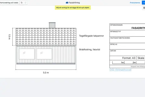 En fasadritning av ett hus med tegelfärgade takpannor och faluröd brädfodring, skapad i ett ritprogram online.