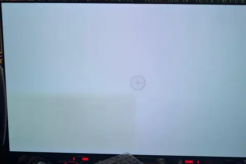 En ljusgrå skärm med en synlig grönaktig fläck till vänster, troligen ett tecken på burn-in på OLED-skärmen.