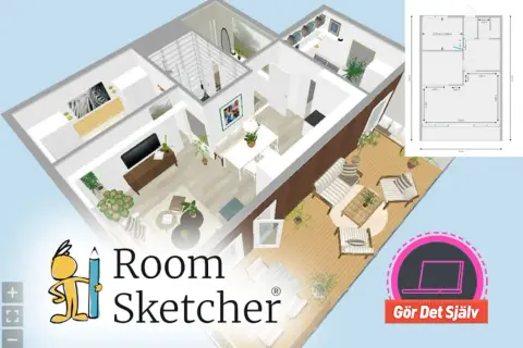 Skapa ditt drömhus med gratis ritprogram. Se en 3D-planlösning av ett modernt hem med uteplats.